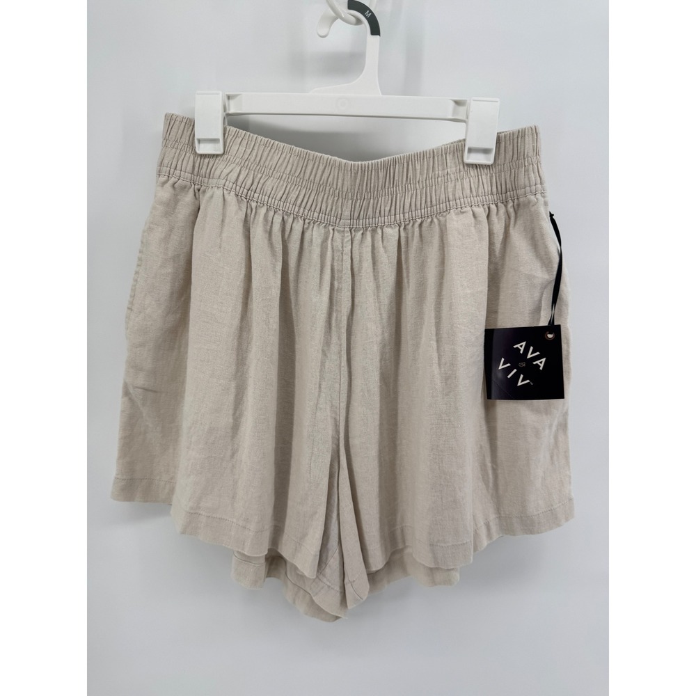 Ava & Viv Womens 1X Linen Blend Smocked Waist Shorts Beige Tan NWT